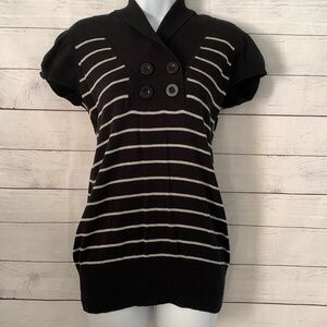 Vintage Black/White Striped Cap-Sleeve Lightweight Shawl Collared Soft Sweater